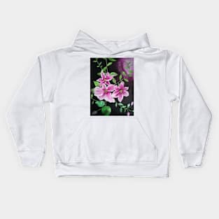 Purple pink clematis flowers watercolor painting against a dark background Kids Hoodie